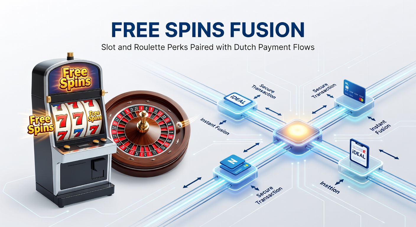 Dynamische illustratie van een speler die free spins inzet op een slotmachine, overgaand naar een roulette-tafel met iDEAL-betaalbevestiging op een smartphone-scherm