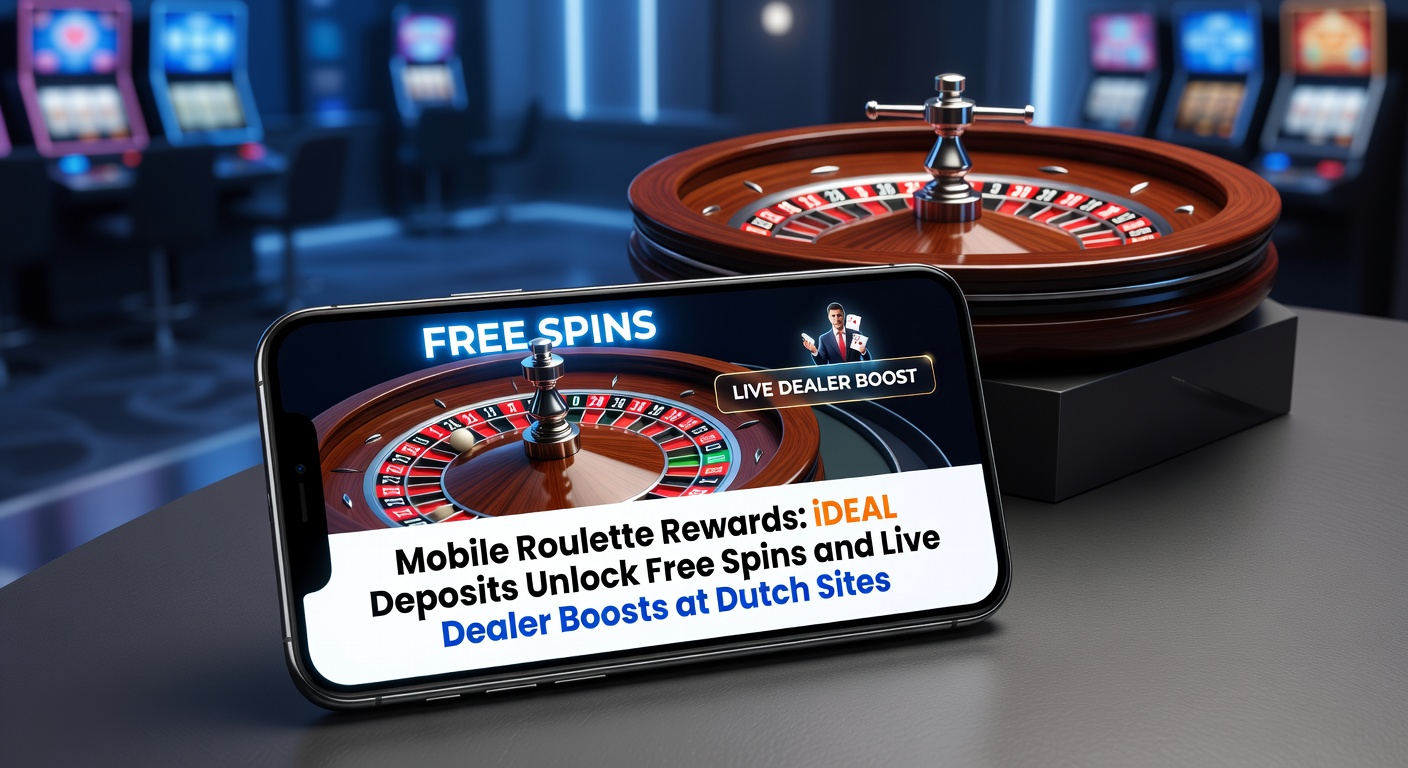 Smartphone met mobiele roulette interface, iDEAL betaaloptie en ontgrendelde bonus pictogrammen zoals gratis spins en live dealer chips