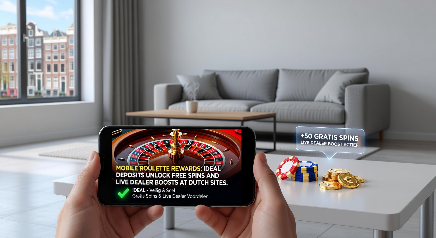 Dichtbij shot van iDEAL transactie op mobiel scherm met vallende gratis spins iconen en live roulette tafel in achtergrond