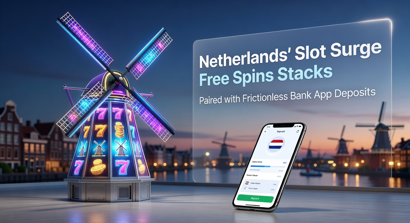 Dynamische weergave van Nederlandse online slots met stapels gratis spins en bankapp-integraties, symboliserend de huidige surge